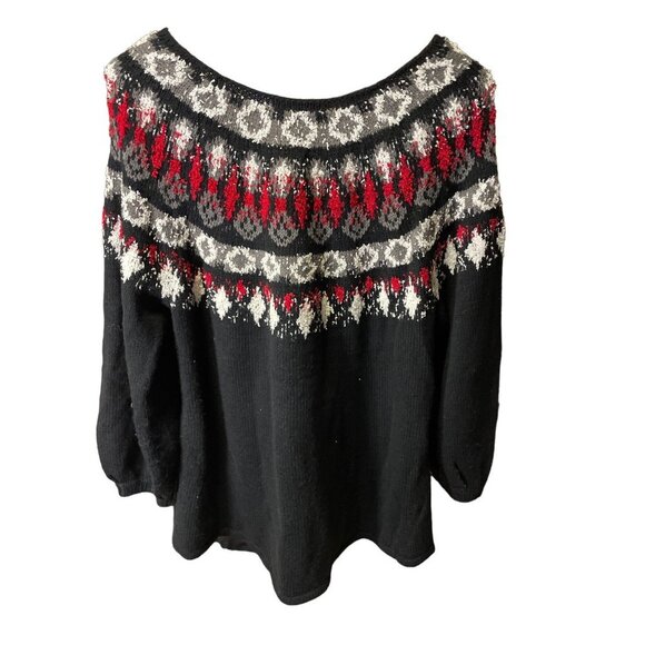 Style & Co Black Red Patterned Round Neck Bishop Sleeve Knit Sweater Sz 1X - Picture 2 of 10